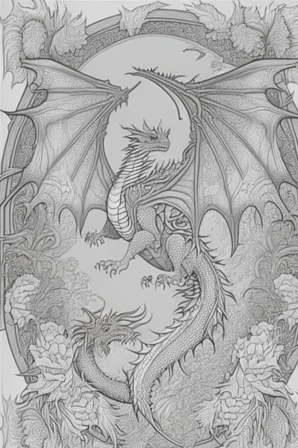 coloring book page of a flying dragon, mandalas