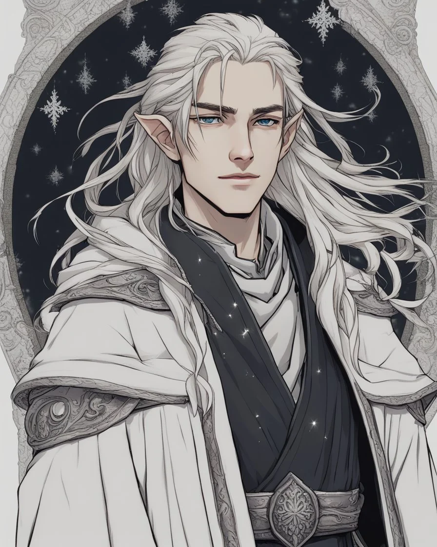 a young high elf frost Wizard with long wiry hair, wearing a black trimmed white nobleman's robe and frost ornaments on clothes