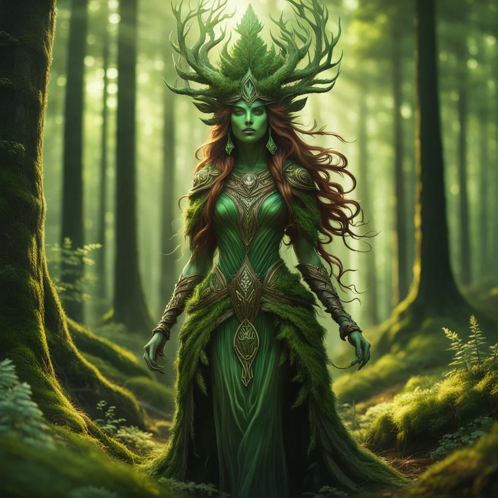 create a full body portrait of a forest spirit wraith enchantress , with highly detailed, sharply lined facial features, in the deep forest of Brokilon , finely inked, in rustic colors, 4k in the style of Peter Mohrbacher source vibrations, bokeh like f/0.8, tilt-shift lens 8k, high detail, smooth render, down-light, unreal engine, prize winning