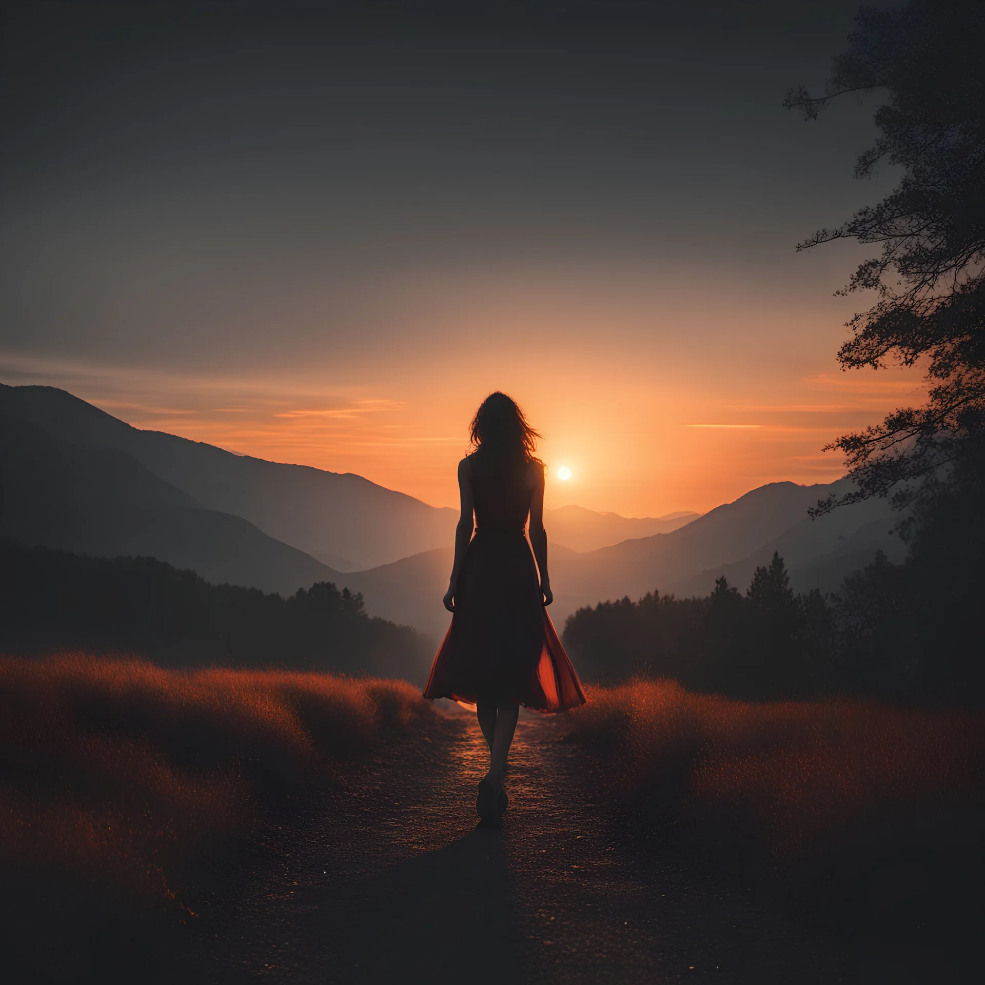 dark night, watching a woman from behind wearing a sleeveless dress who is walking towards a beautiful orange sunrise in the distance, mountains and forests around, photo quality