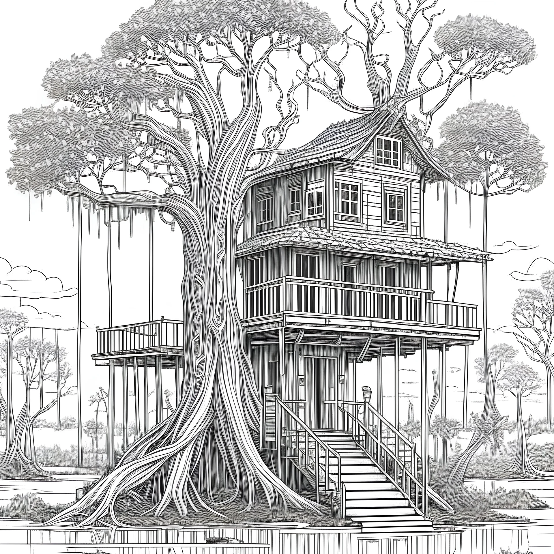 swamp shack, Whispering Cypress Swirls, Clyster crisp clear lines, clean line art, line art, Black and white coloring page, for adult, perfect shape, each image separate model treehouse, realistic, unique, unique style, masterpiece, variation, clean coloring page, vector coloring book illustration, no shading, only draw outlines, crisp, full page, use up the entire screen, line art, clean line art,