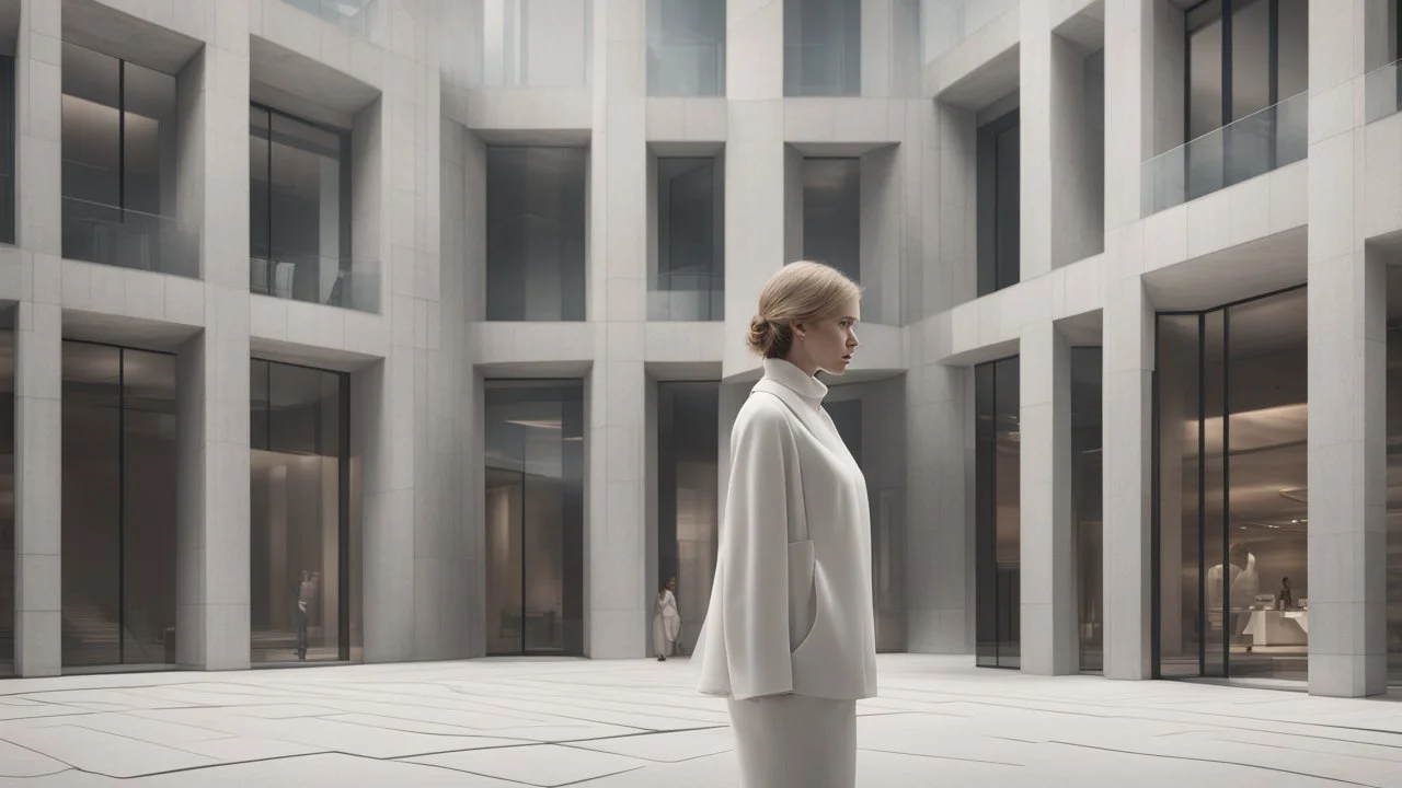 a woman is standing in front of a building, a digital rendering by David Chipperfield, cgsociety, modernism, vray tracing, vray, made of glass