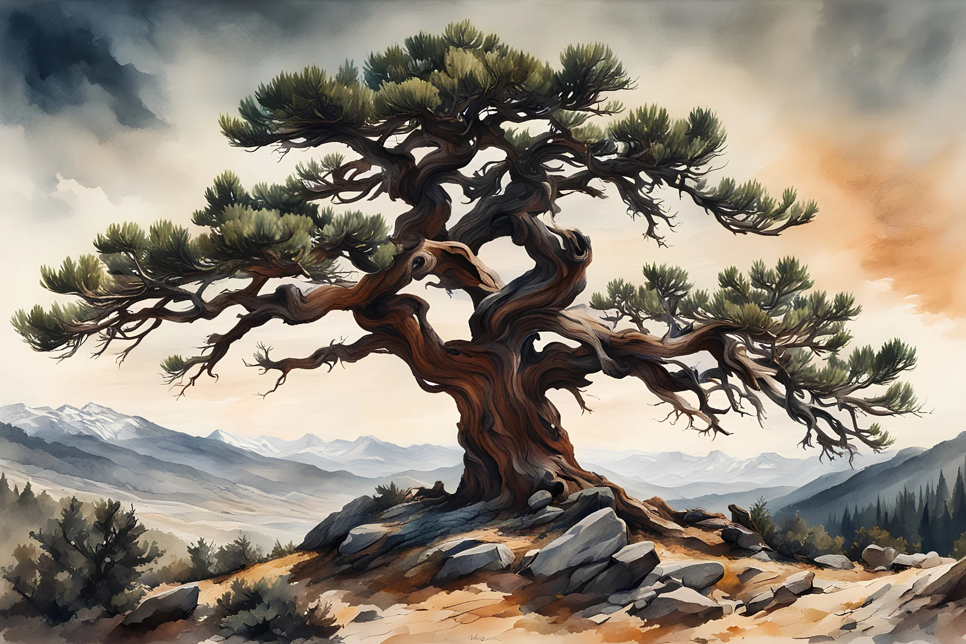 museum quality watercolor painting of an ancient Bristlecone Pine on a remote plateau in the Rocky Mountains in the style of Karl Bodmer, and Winslow Homer, rendered as an aquatint, with a fine art aesthetic, highly detailed , 8k UHD cinegraphic realism