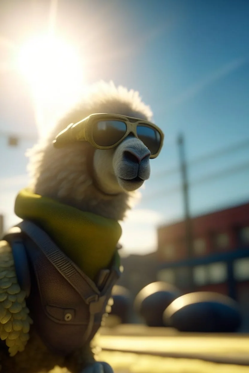 sheep ghost with sun glasses parachuting down to factory roof, bokeh like f/0.8, tilt-shift lens 8k, high detail, smooth render, down-light, unreal engine, prize winning, in the style of fallout 4 and gta 4