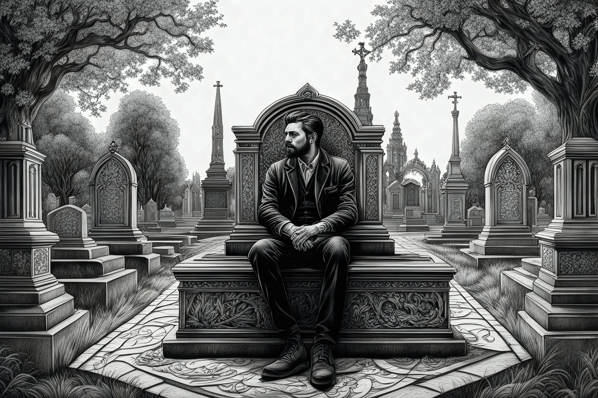 Man sitting a front of solo grave of Cemetery in 8k tattoo drawing style, intricate details, highly detailed, high details, detailed portrait, masterpiece,ultra detailed, ultra quality