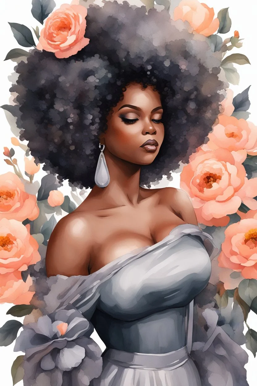 Create an watercolor image of a curvy black female wearing a grey off the shoulder blouse and she is looking down with Prominent makeup. Highly detailed tightly curly black afro. Background of large peach and grey flowers surrounding her