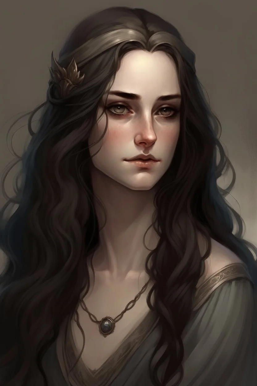 portrait of Cynara, the antagonist of a youth novel; she became mean after a stroke of faith, she is beautiful and has long dark hair, her appearance is like a greek goddess