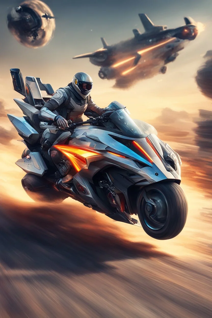 A combination of ultra-advanced car and crazy Max fighter, super sporty, with color and nano technology An advanced motorcycle with four wheels and a turbo jet in the back with rockets and machine guns,At war with humans