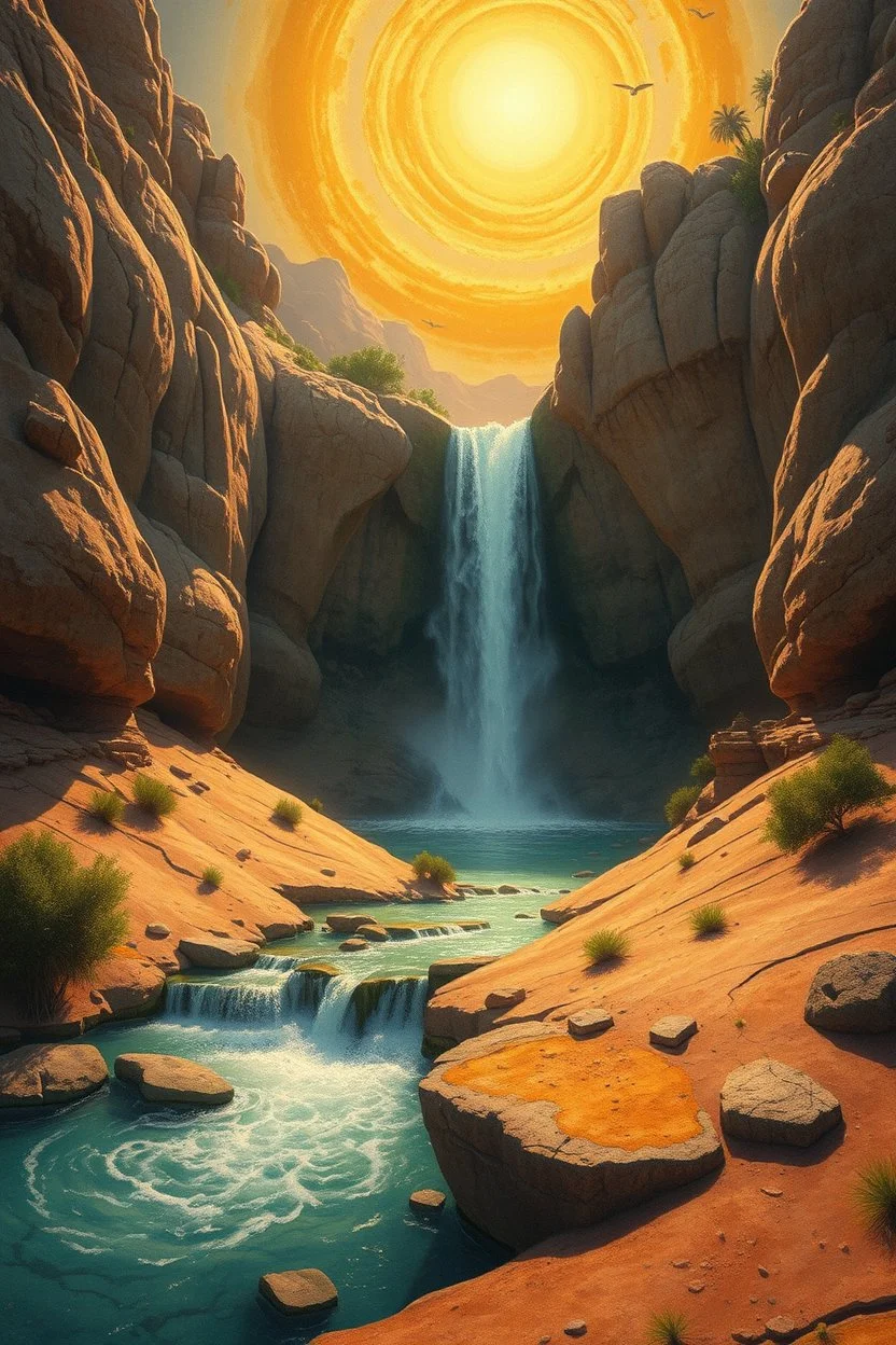 Hieronymus Bosch Style high quality picture waterfall in the desert sunny