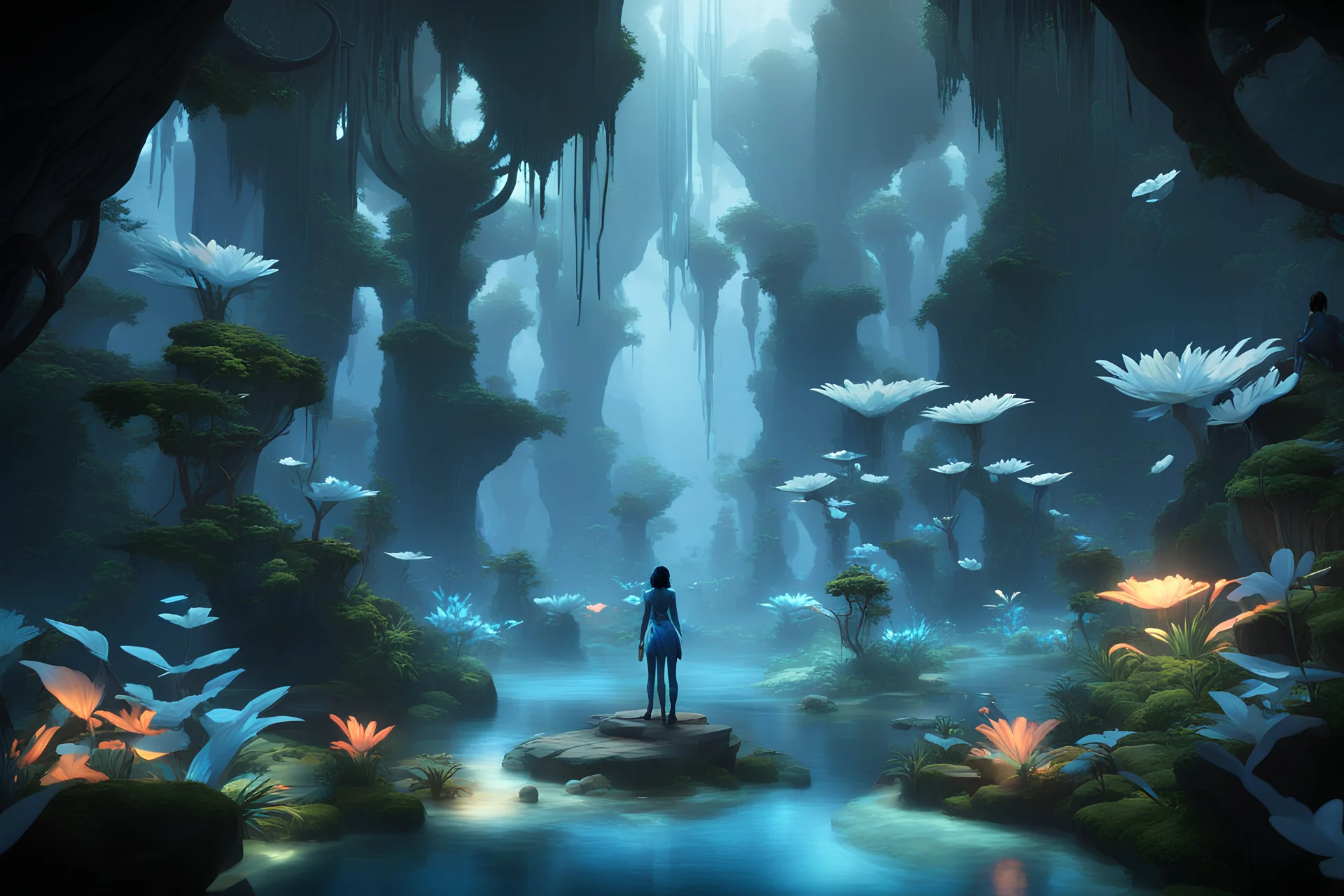 HD Immerse players in a captivating scene within Avatar's Pandora, infused with the artistic styles of RIME videogame. The focus is on the ethereal beauty of the planet, exploring the harmonious coexistence of nature and mystery. Illuminate the scene with the soft glow of Pandora's bioluminescent plant life and creatures