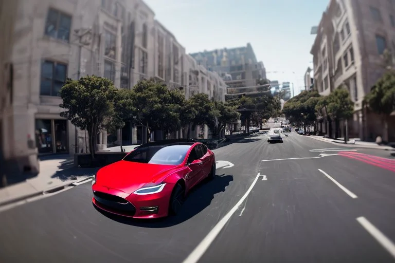 A Tesla 'Model S' is drifting at high speeds, on the streets of San Francisco. (CINEMATIC, WIDE ANGLE LENS, PHOTO REAL)