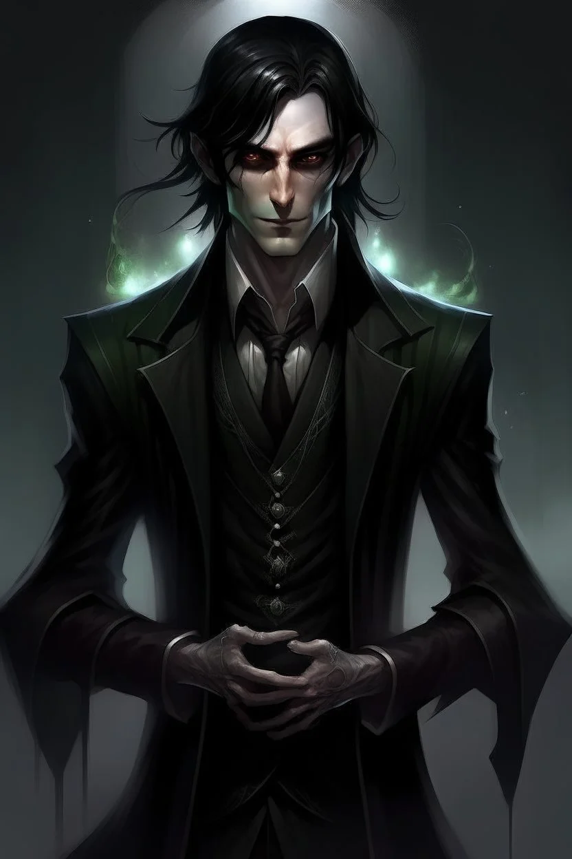 the dark butler, young elf with dark hair, dark clothes, shadow magic