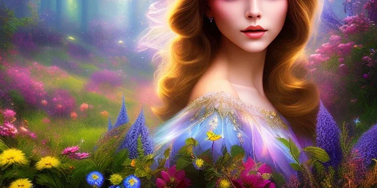 bright fairy, beautiful portrait, flowery landscape