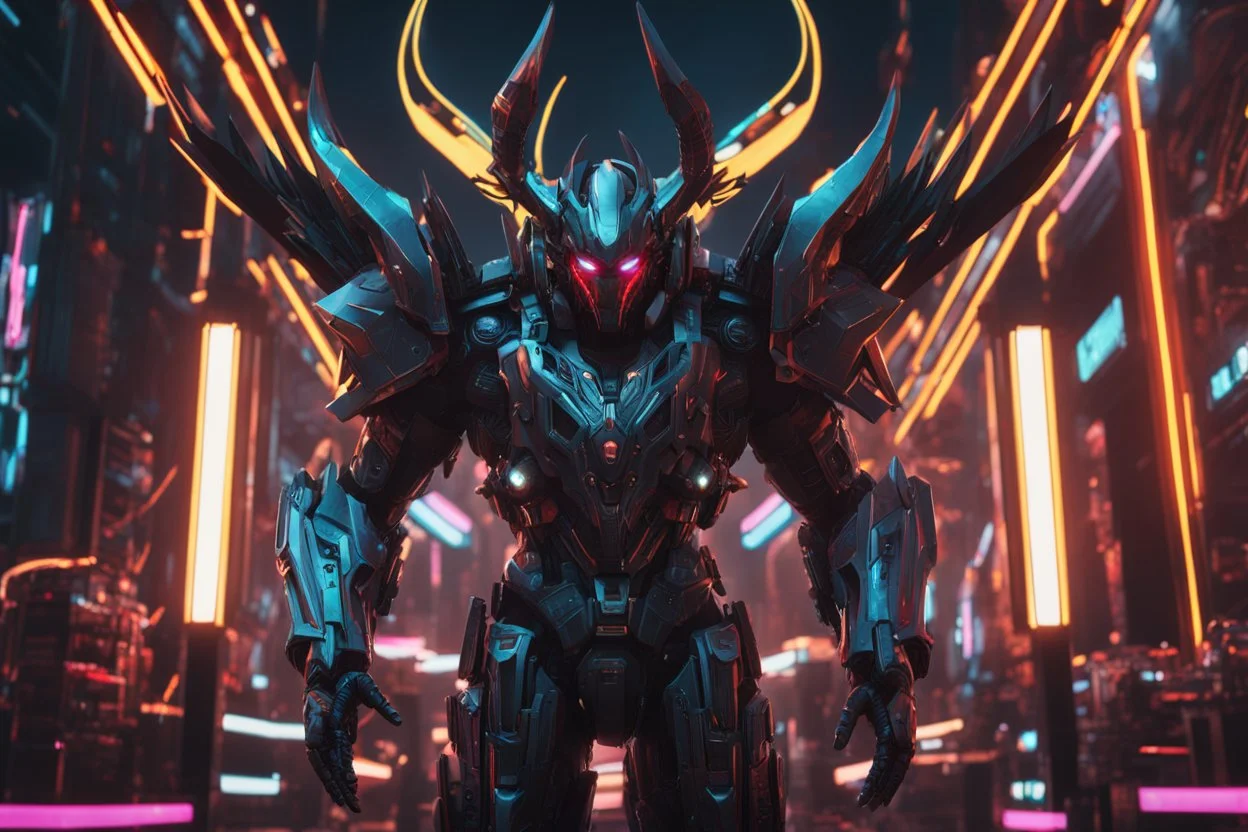 Cyber Machine in 4k realistic cg artstyle, demon lord them, neon details, full body, apocalypse, intricate details, highly detailed, high details, detailed portrait, masterpiece,ultra detailed,best quality