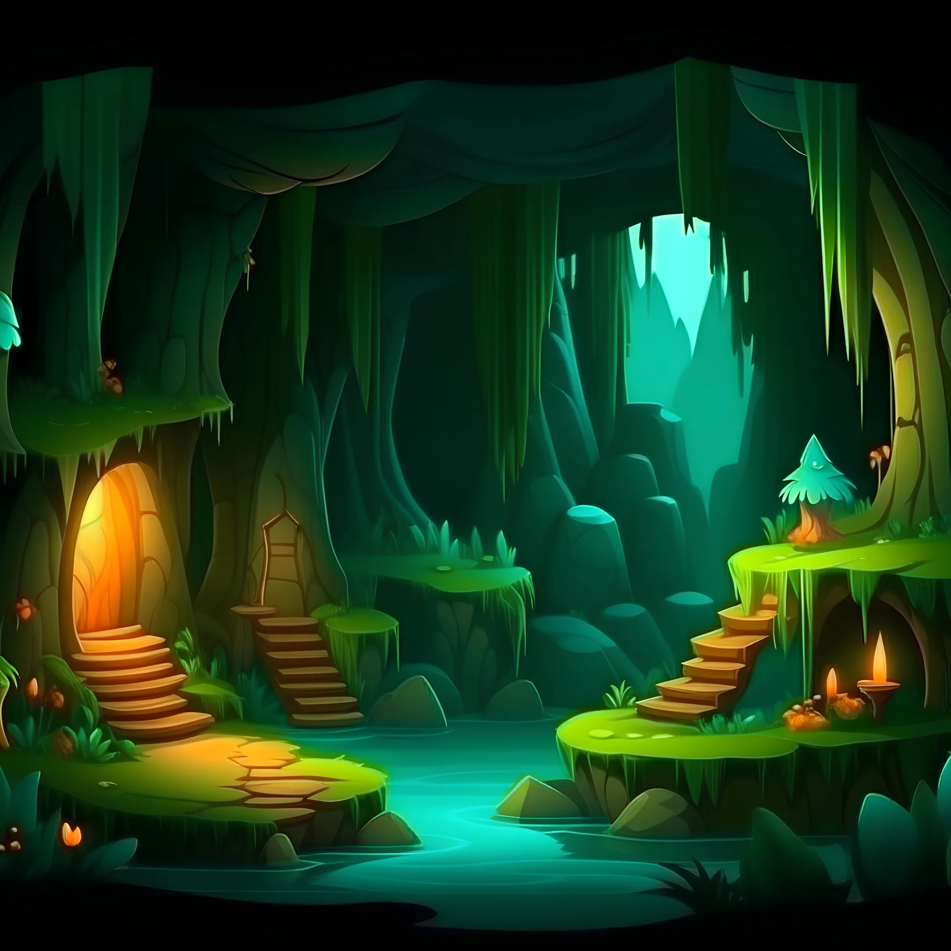 Soft cozy Fantasy cartoon foresty cave