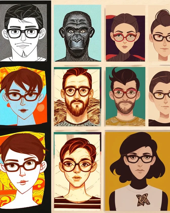 A collage-style image featuring a blend of artistic illustrations and designs. The top section displays framed artworks, including a sunset over a mountainous landscape and portraits of individuals with distinct styles, one wearing glasses. The middle section contains various sketches and symbols, while the bottom left shows a comic-style drawing of a gorilla's expressive face. The bottom right features a young woman with a unique hairstyle and accessories, sitting amid a green, plant-filled env