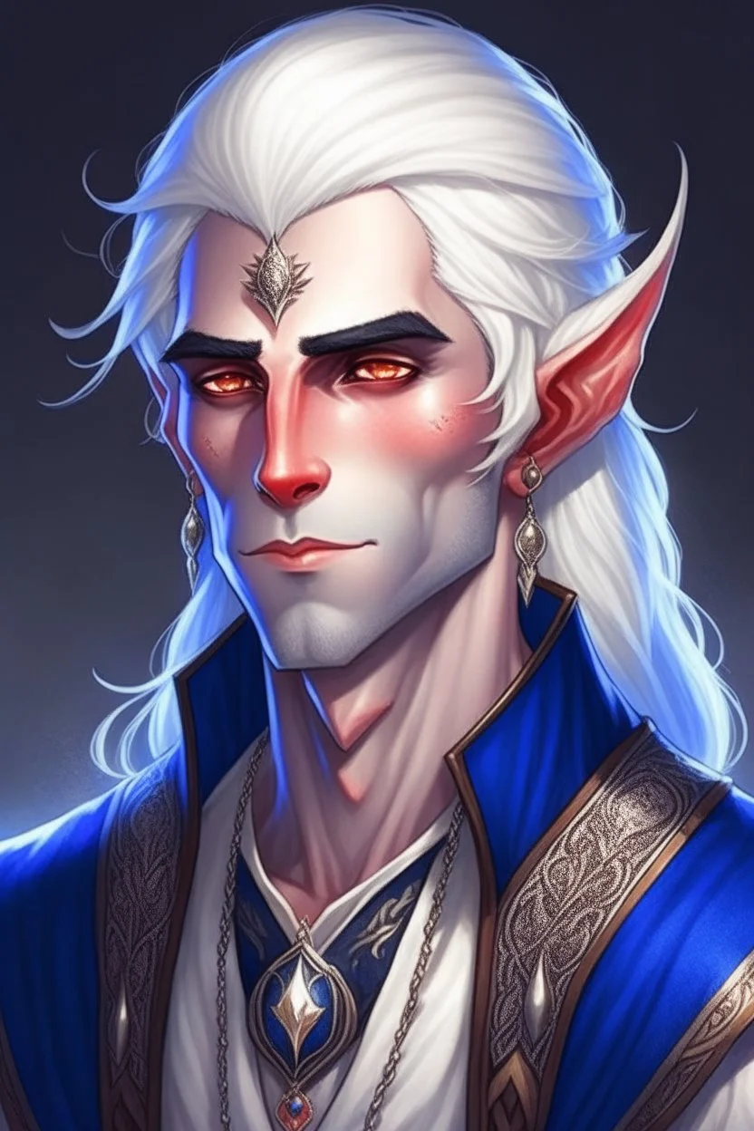 a romantic half-elf young man with long pointy ears and blue eyes, wears lots of jewelry, white hair