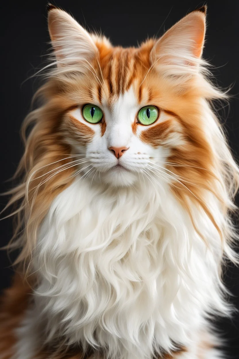 BEAUTIFUL Cat with long, wavy and abundant hair, pointed ears, bright green eyes, orange, white and black colors, ultra quality, full body