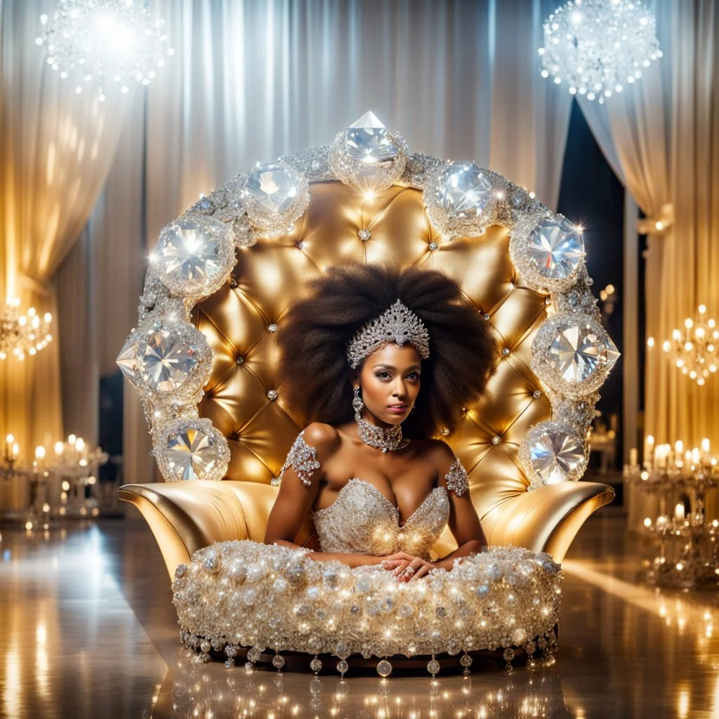 very beautiful fashion lady sitting on a luxury chair made of big diamonds wearing nice bride, lights reflecting on diamond and her jewels