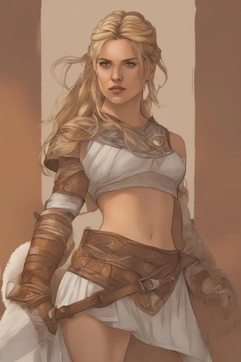 A drawing of beautiful woman with blond hair, viking braids, undercut. Brown leather armor.