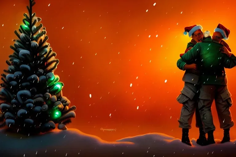 "close up on modern soldier hug each other in a beautiful Christmas night,Christmas house,fireplaceChristmas tree,gift,Christmas gift, Christmas decorations,Christmas tree" 8k resolution concept art by Greg Rutkowski dynamic lighting hyperdetailed intricately detailed Splash art trending on Artstation triadic colors Unreal Engine 5 volumetric lighting Alphonse Mucha WLOP Jordan Grimmer orange and teal"