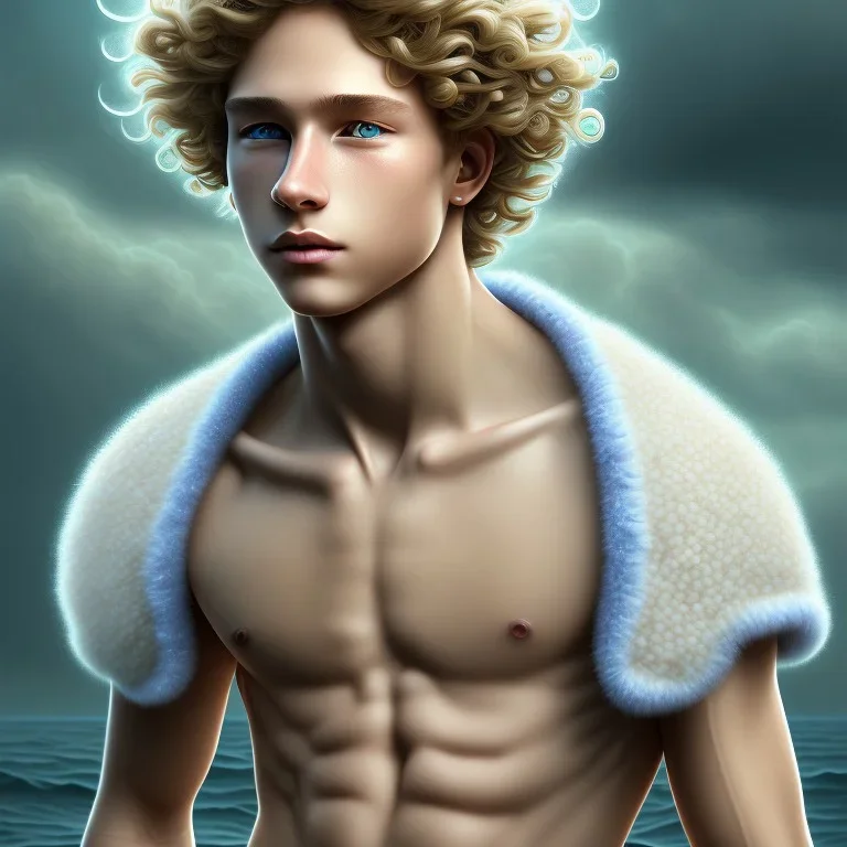 intricate, sharp focus, highly detailed, digital painting, germ and Paul Lewin and Kehinde Wiley, full body image of a beautiful 12 year old boy with long, blonde curly hair and light blue eyes, smiling, shirtless, in front of an distant beach