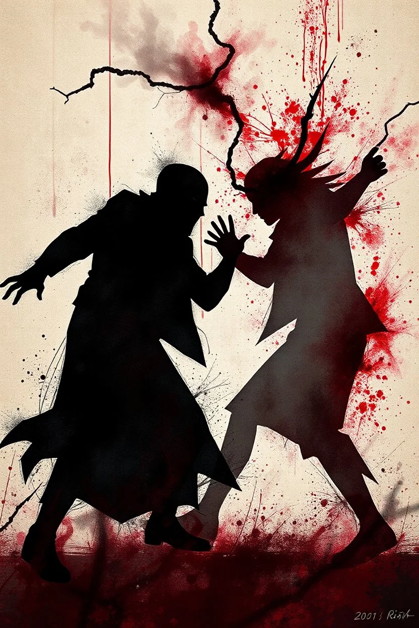a chaotic, abstract image of two shadows fighting to a deadly bloody death