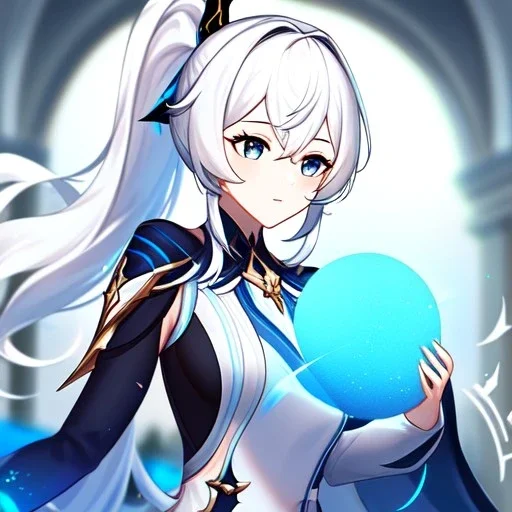 Clear focus, 8k, beautiful lighting, vibrant colors, girl, white hair, blue eyes, ponytail, honkai impact outfit,