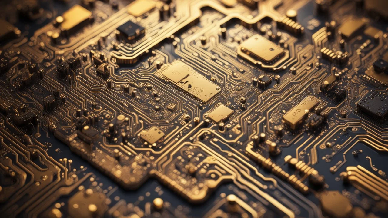 Hyper Realistic Grungy-Golden-Circuit-Board-Background with a proper depth-of-field