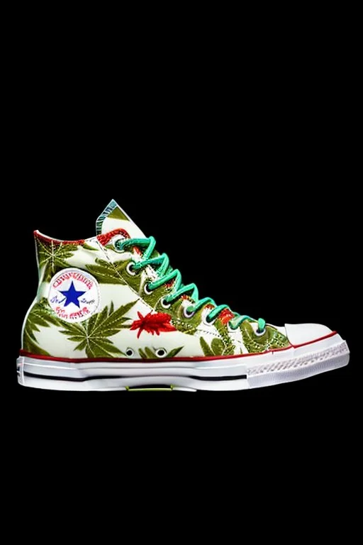 A red converse sneaker with weed leaves printed on the material, green, yellow and red colors