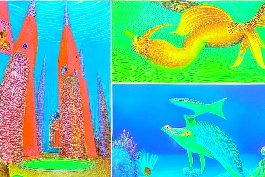 Mermaids in an underwater city by "Leonora Carrington" and "Max Ernst" and "Michelangelo"