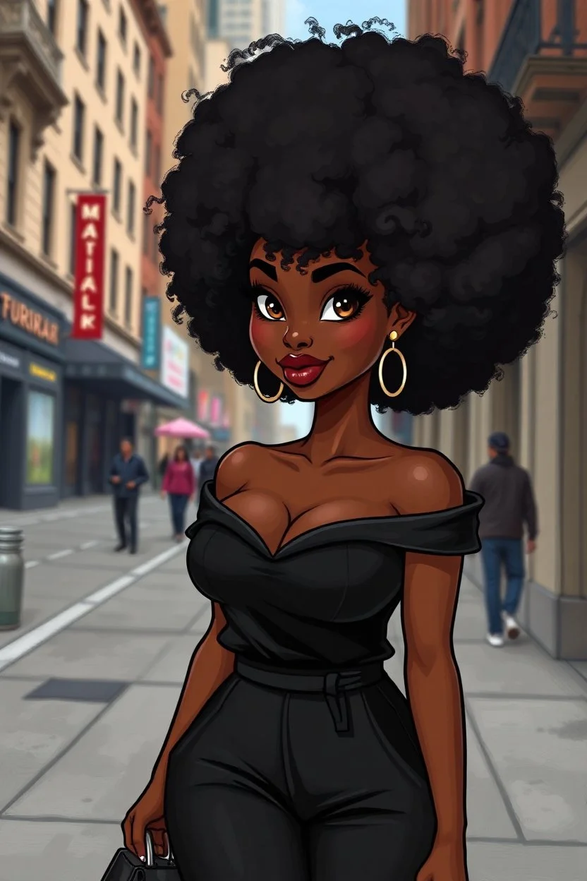 Create a oil painting cartoon image of a curvy black female walking thru the city streets wearing a black off the shoulder jumpsuit. Prominent make up with brown eyes. Highly detailed tight curly black shiny afro