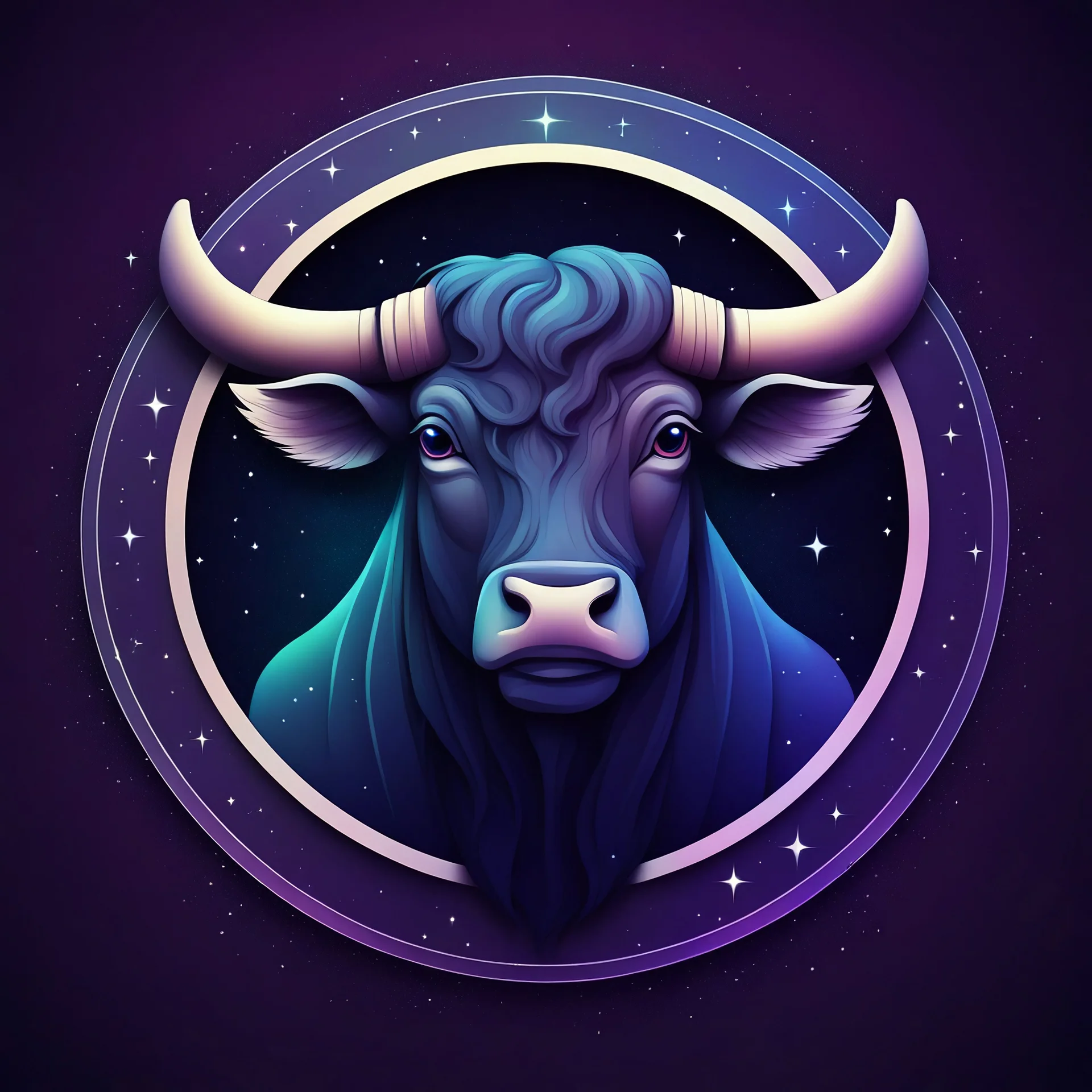 Create dark zodiac sign Taurus in the circle around stars and gradient background