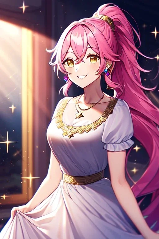 girl, masterpiece, best quality, cinematic lighting, detailed outfit, vibrant colors, perfect eyes, pink hair, long hair, golden eyes, ponytail, messy hair, dress, sparkle, necklace, earrings, hair between eyes, looking up, smiling, indoors, light rays,