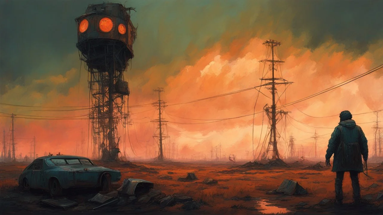 Strange surreal world, techno gothic, post apocalyptic art, neo cyberpunk renaissance, Science fiction painting, Denis Sarazhin Simon Stålenhag, Nicolas Bruno, sinister vibes, harsh survivalism, Peter Sallesen, Hamish Frater, ominous sky