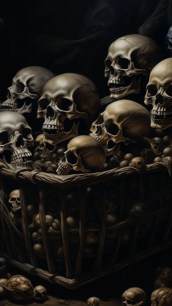 Bosch nightmares paining style Title:a basket in it a human skulls , 8k artistic photography, photorealistic concept art, soft natural volumetric cinematic perfect light, chiaroscuro, award-winning photograph, masterpiece, oil on canvas, Raphael, Caravaggio, Greg Rutkowski, people, beksinski, Giger