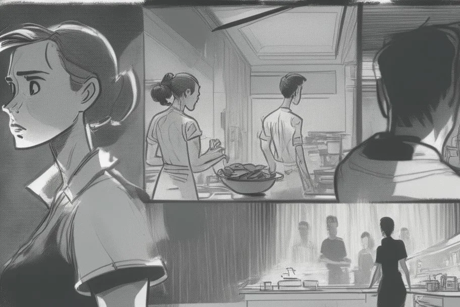 black and white storyboard, wide, on the Foreground there is a man and a girl in profile close to the camera, we see just part of their bodies passing by, and in the background, 3 chefs, scattered throughout the kitchen cooking, frying, cutting