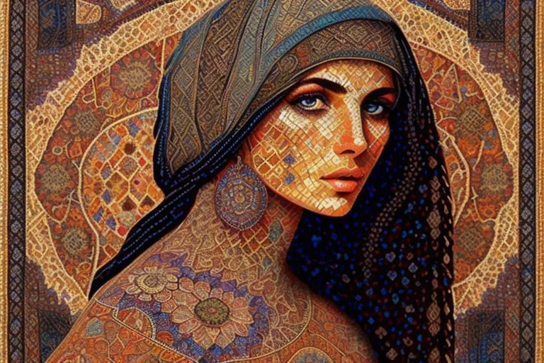 An intricate mosaic Iranian carpet from the Byzantine era in the center of the painting Beautiful gypsy girl.