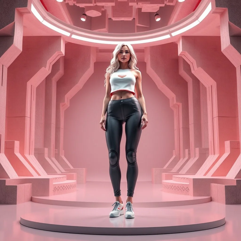 picture of lady with a top and cifi pants stye design posing in a 3d recursive structures stage