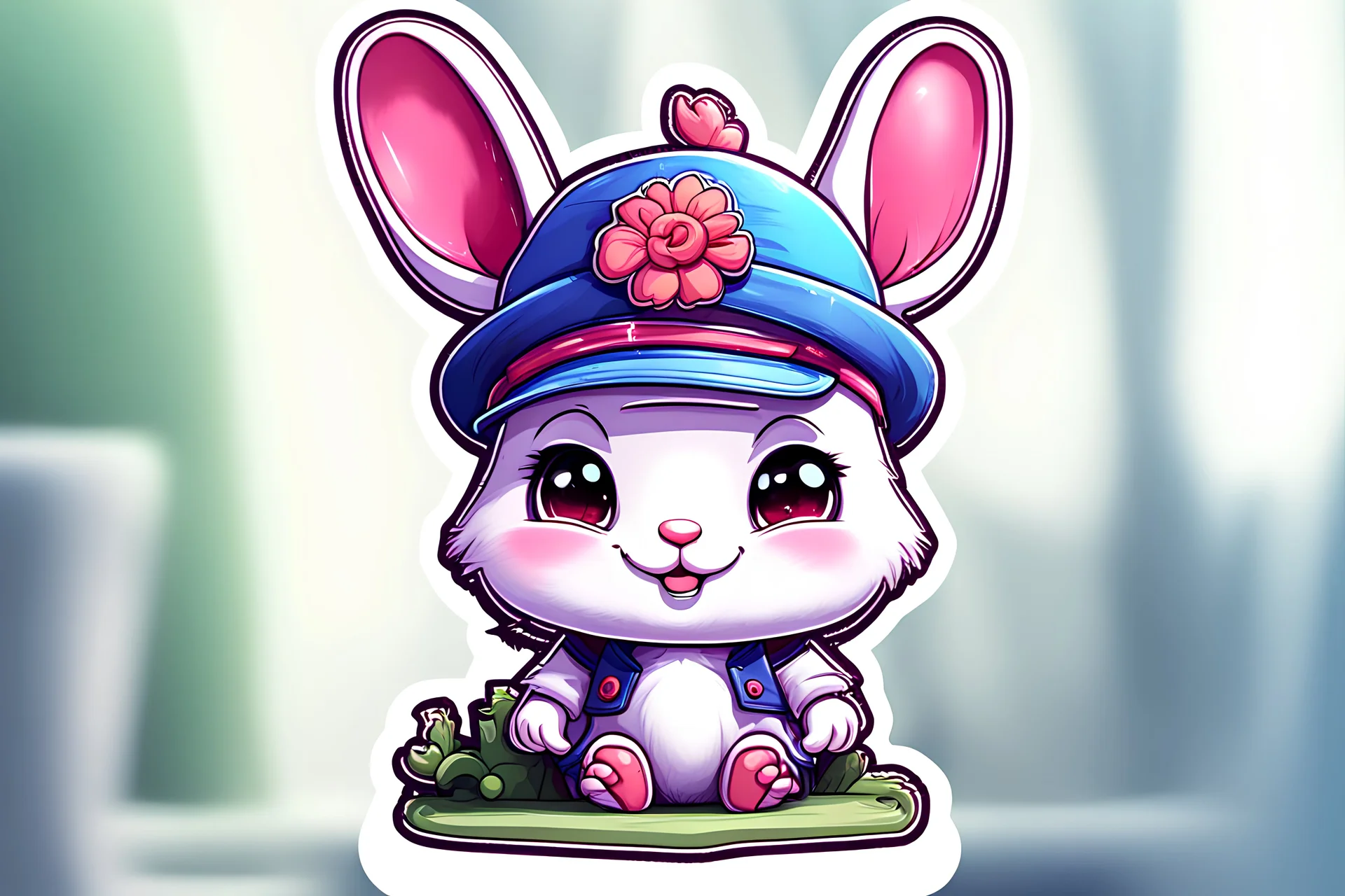 cute stickers, style cartoon, cute Super Deformed Character, white border, high quality, colorful, Detailed illustration of a cute little rabbit wearing a Hemin Kaminski hat, by yukisakura, awesome full color, typography, 3d render