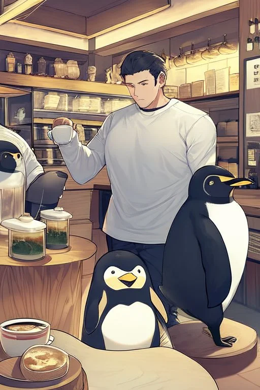 young woman talk to a penguin in coffee-shop