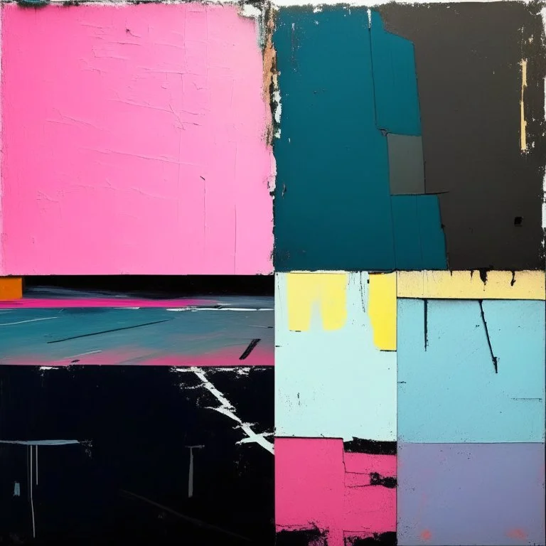 Minimal contemporary abstract oil paintings desolate 1960s carpark concrete fragments at dusk sunset. In the style of Justin Mortimer and Francis Bacon. road markings.