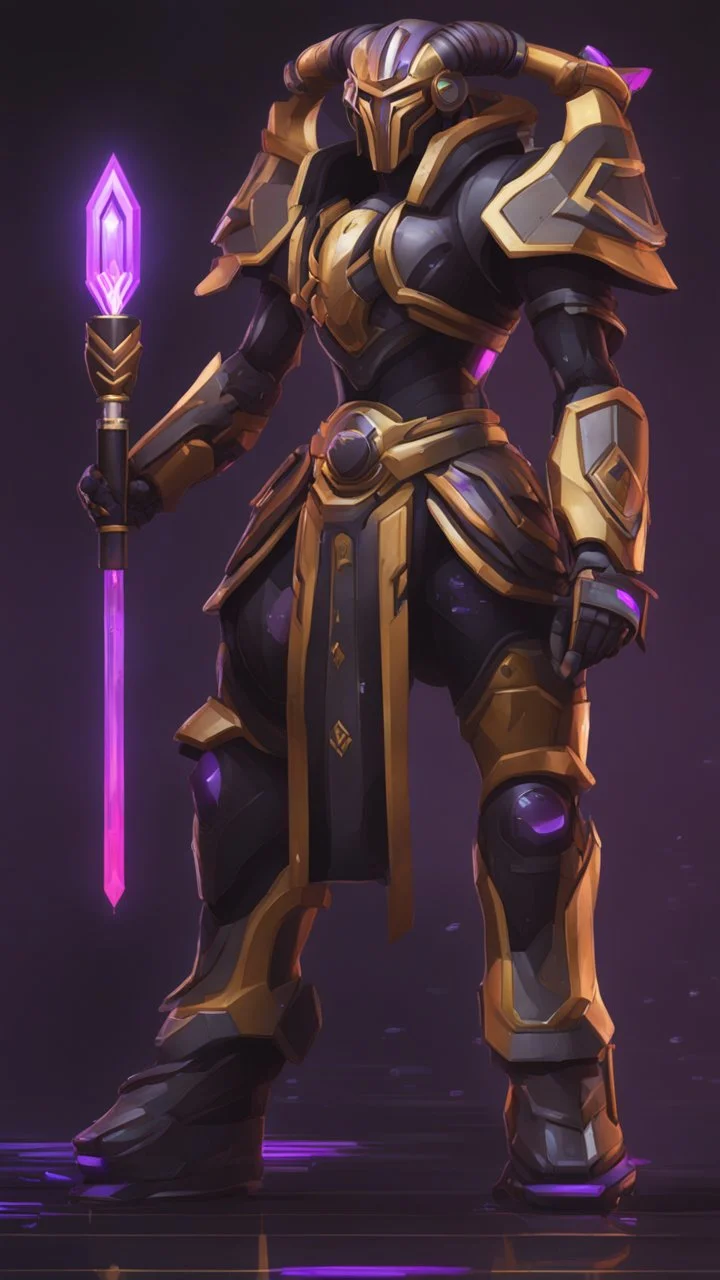 A close picture to Ramattra nemesis form egypt them in overwatch art style with black color and neon purple details in the rain