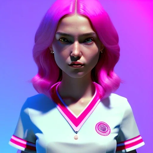 waitress teenager, rounded face, pink hair, flushed cheeks, striped shirt, vibrant color, pop style, highly detailed, art stations, concept art, smooth, unreal engine 5, god rays, ray tracing, RTX, lumen lighting, ultra detail, volumetric lighting, 3d, finely drawn, high definition, high resolution, gradient background