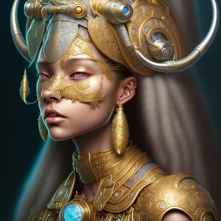 Sango fantasy, fantasy magic, intricate, sharp focus, illustration, highly detailed, digital painting, concept art, matte, art germ and Paul Lewin and Kehinde Wiley, masterpiece silver elephant head bronze Asian African girl nice breast Hawaiian hair turquoise golden waves