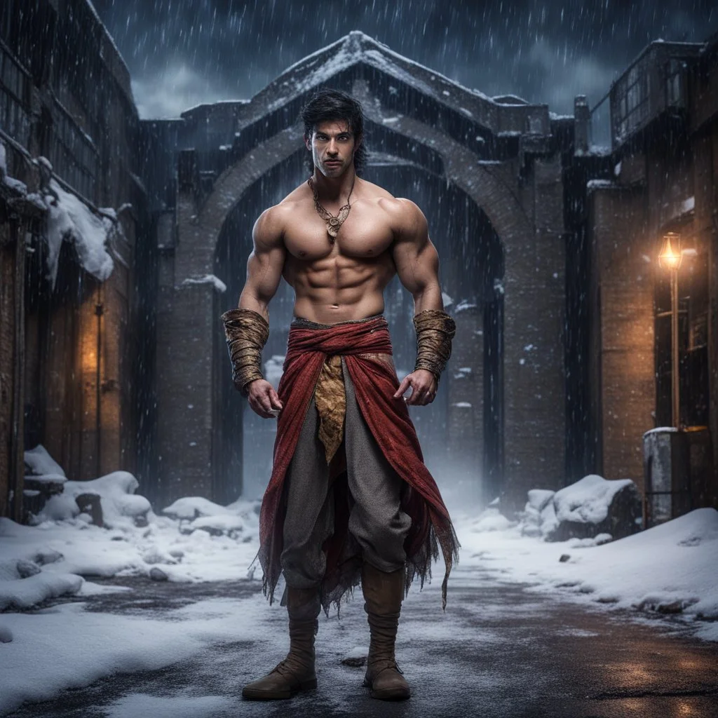 Hyper Realistic handsome muscular Aladdin with his prehistoric-costume standing bravely outside massive-dark-abandoned-factory-with-broken-windows-&-fancy-main-gate at dark snowfall night with dramatic & cinematic ambiance