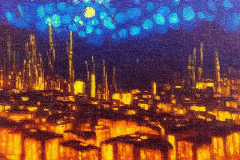 Night, cyberpunk buildings in the mountains, tendency to science fiction, impressionism painting