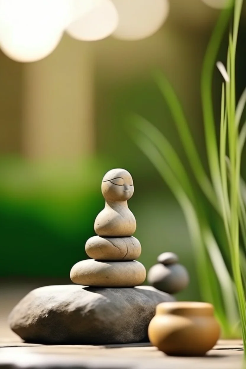 delicate background with spa stones and a bamboo stem, on a blurred background, a female curved statue sits on the stones, photorealistic photo