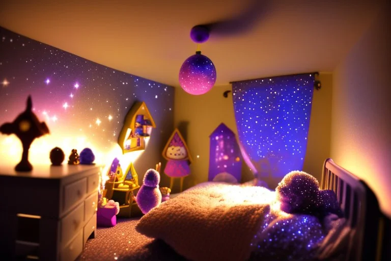 One evening, as the room was bathed in darkness, Stardust noticed the beauty of the night sky outside. Inspired, Stardust gathered the toys, sharing the idea of brightening their room. The toys worked together, placing Stardust near the bed, casting a soft, comforting glow, turning their room into a starlit wonderland.