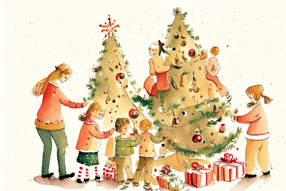 Christmas illustration, whimsical, detailed, warm colors, grainy texture, subject: decorating the christmas tree with a family, white background